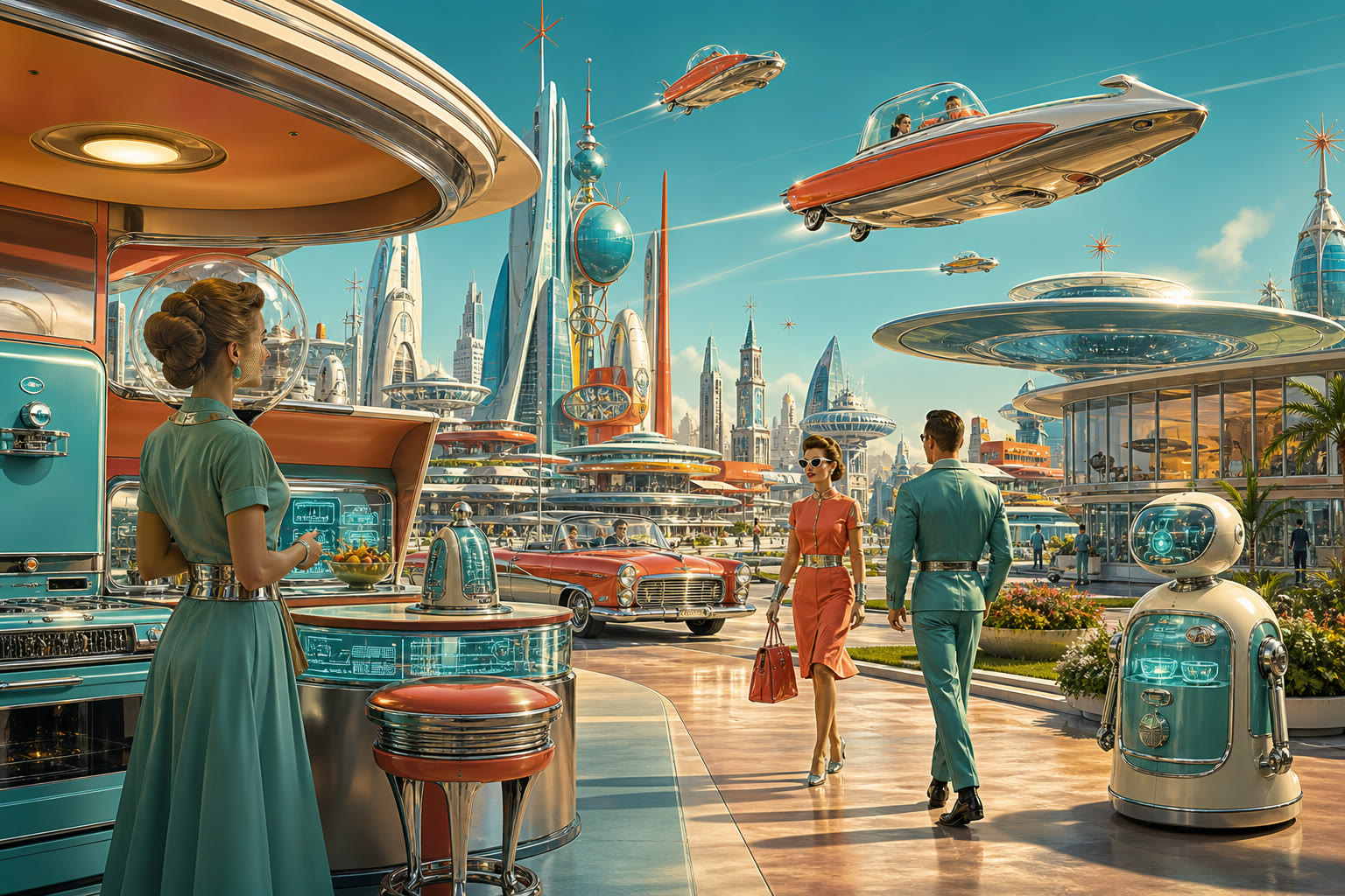 Retro-futuristic 1950s cityscape with flying cars - Seedance 2.5